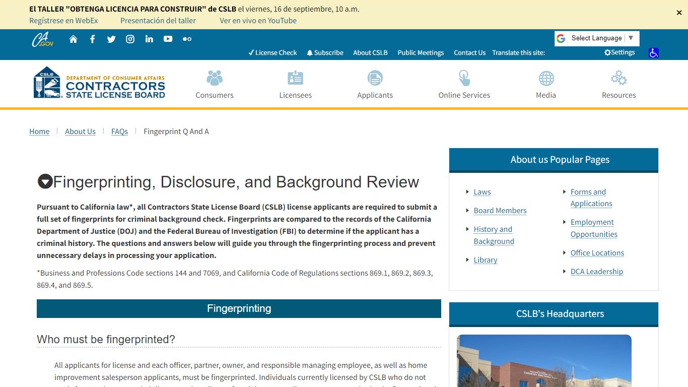 Fingerprinting, Disclosure, and Background Review - CSLB - California